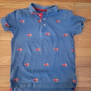 Boden Blue Polo Shirt with Embroidered Firetruck design | 8-9Y